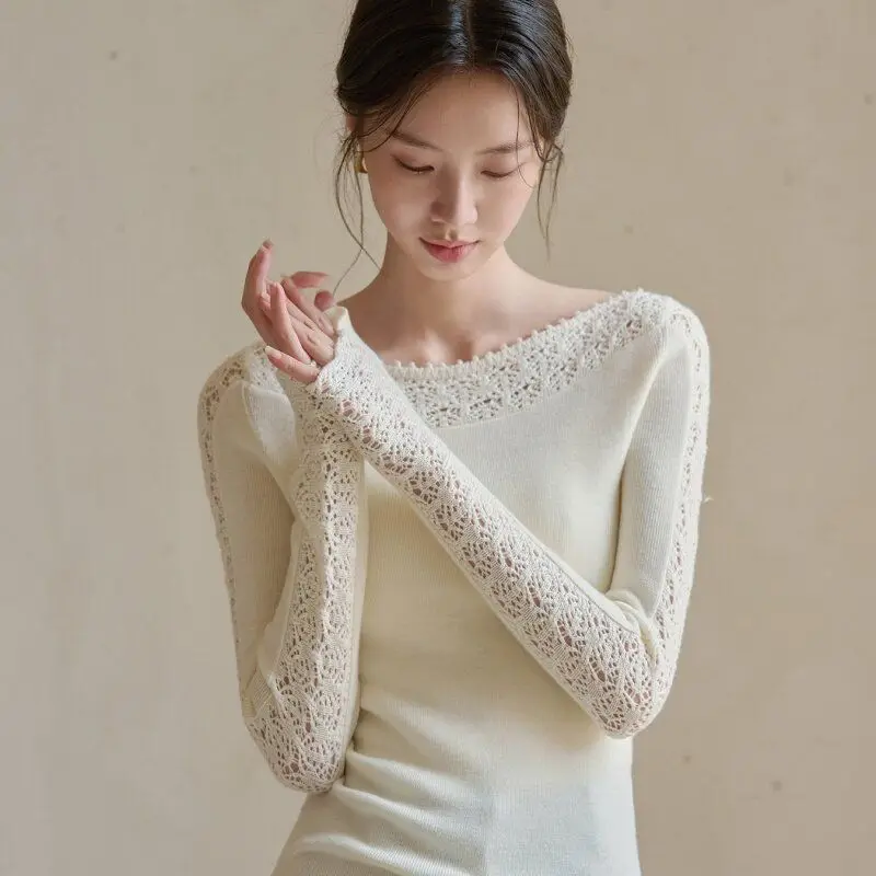 Ladies Boat Neck Crochet Knitted Shirt Hollow Out Sleeve Design Long Sleeve Slim Casual Knitwear