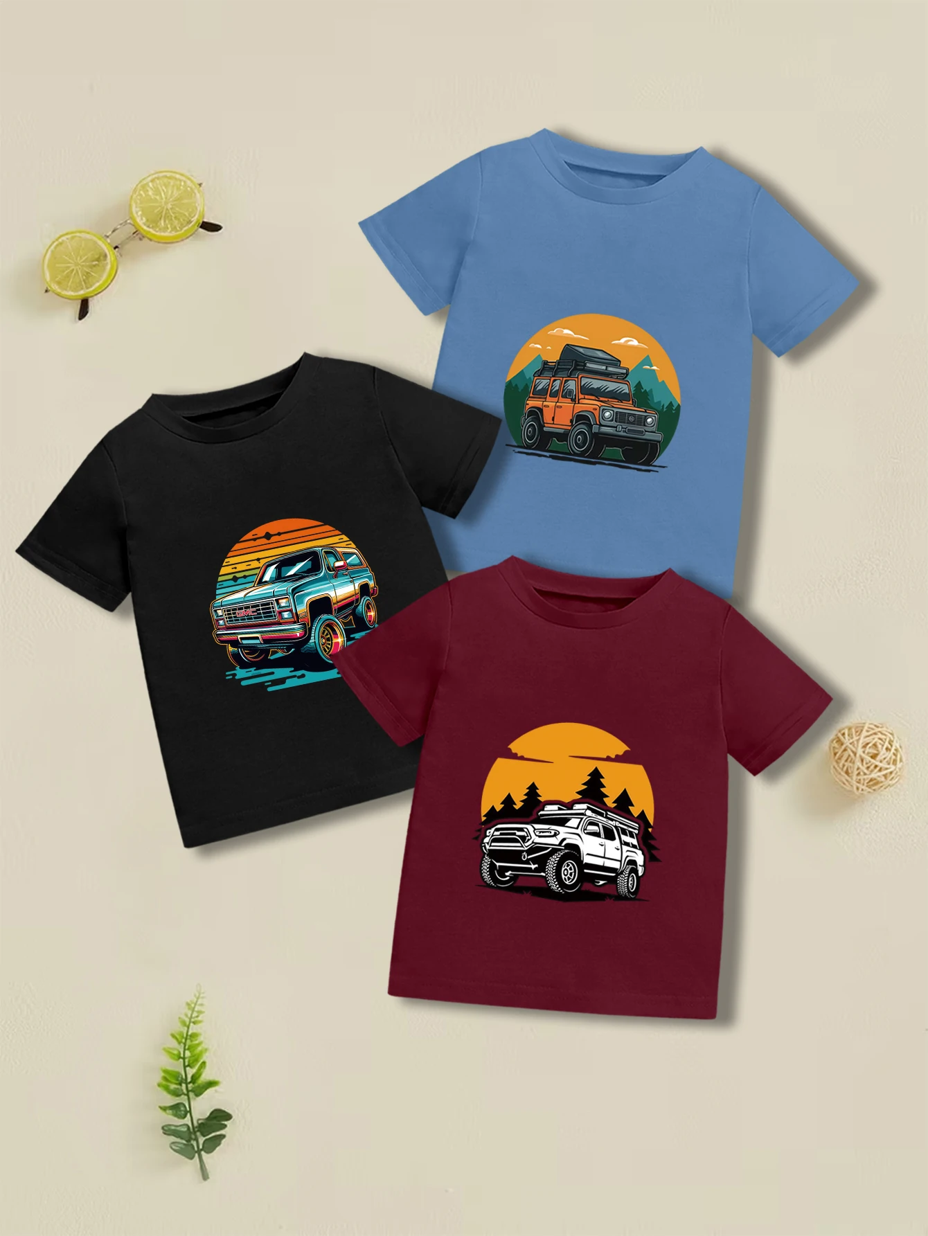 

3 pieces: Summer Boys Casual T-shirt Cartoon Off-road Vehicle Print