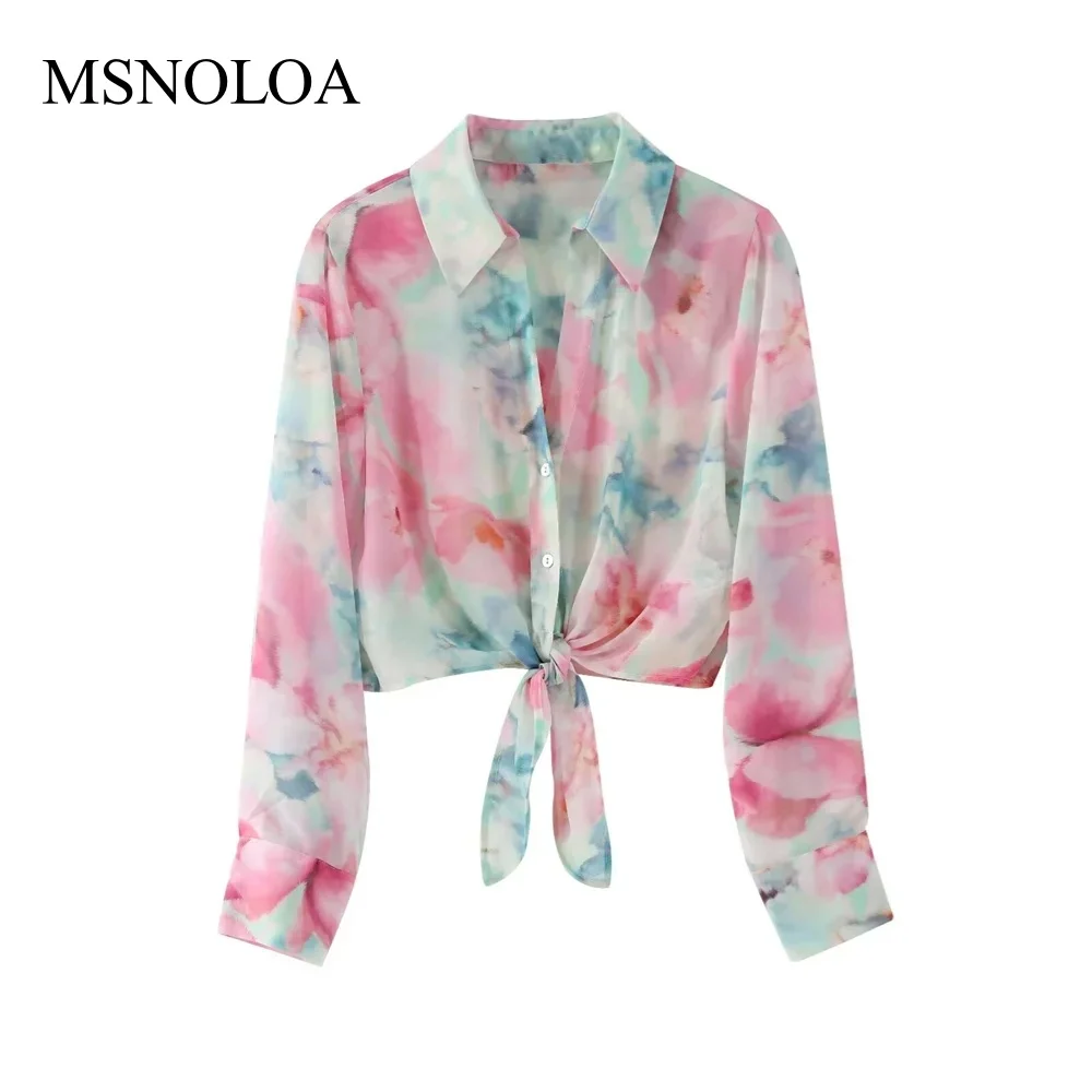 

2024 Summer New Product Women's Fashion and Casual Versatile Polo Collar Long sleeved Printed Knot Button Shirt