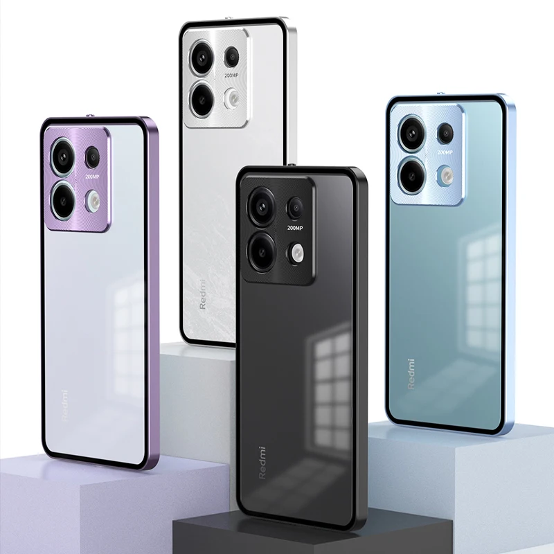 حافظة لهاتف Redmi Note 13 14 Pro Plus 5G غطاء خلفي شفاف غير لامع إطار من سبائك الألومنيوم 2 أجزاء Skin Funda