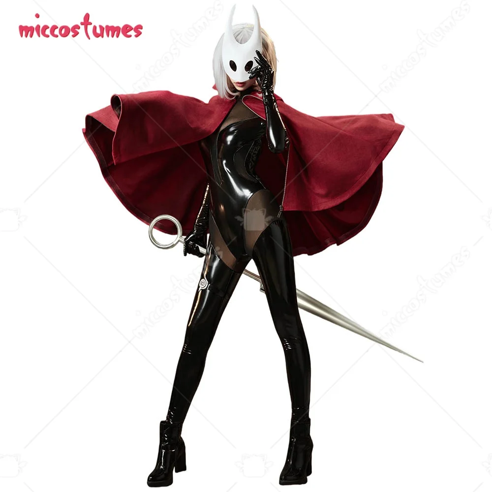 Miccostumes Damen Seiden-Ritter-Cosplay-Kostüm Schwarzer Bodysuit mit Rotem Umhang und Maske