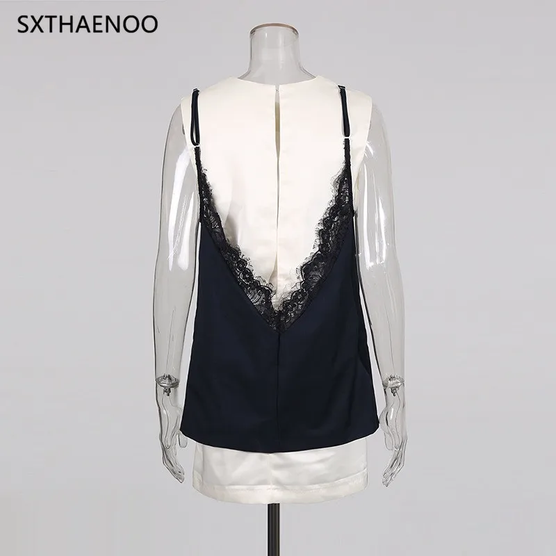 SXTHAENOO Fake Two Piece Set Tank Top Women Round Neck Sleeveless Patchwork Lace Camisole Hit Color Holiday Style Vest Female
