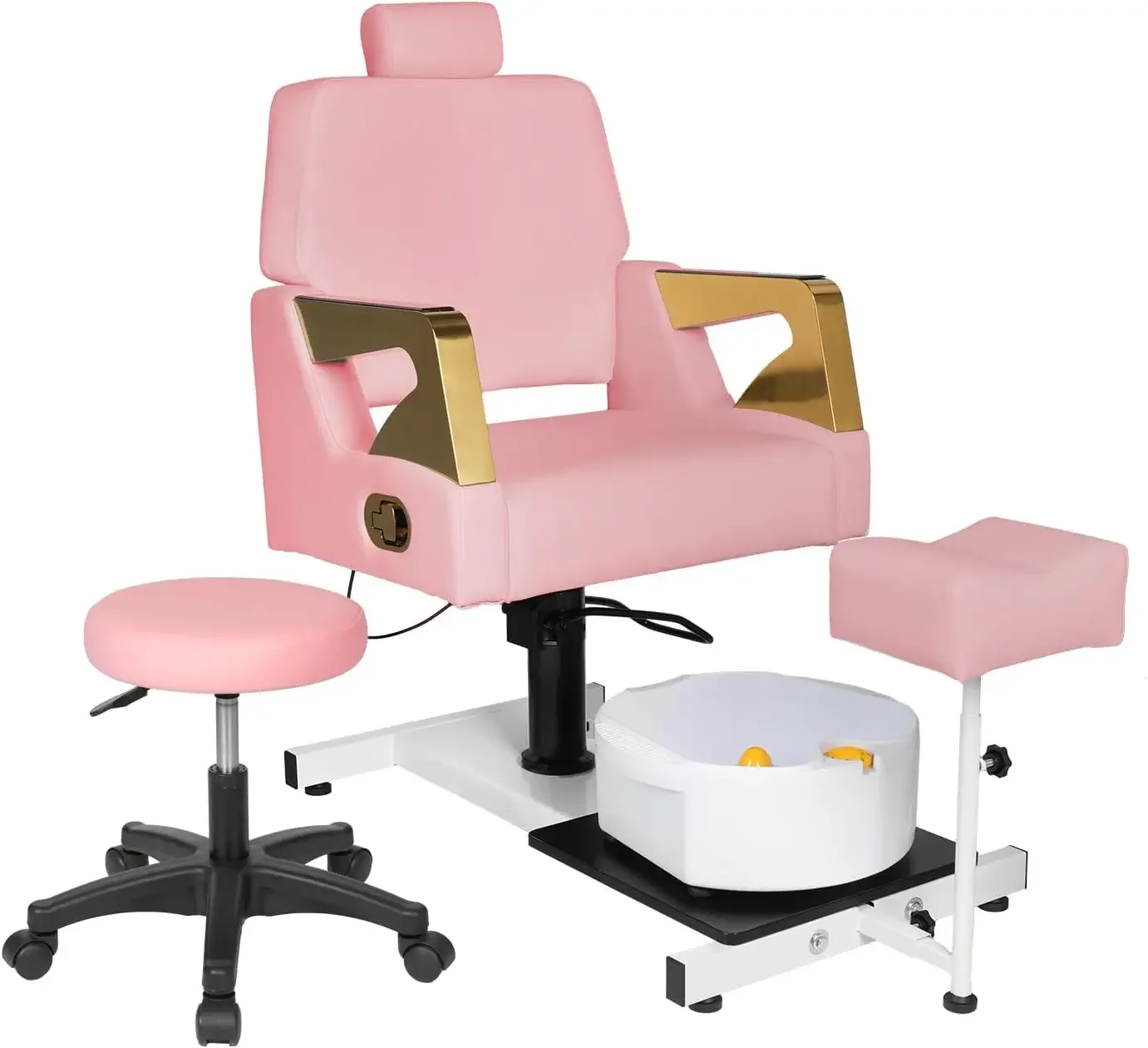 Sillón Reclinable para Pedicura con Taburete, Estación de Pedicura con Bañera para Masaje de Pies 360 ° Silla de Pedicura Giratoria Hidráulica Ajustable