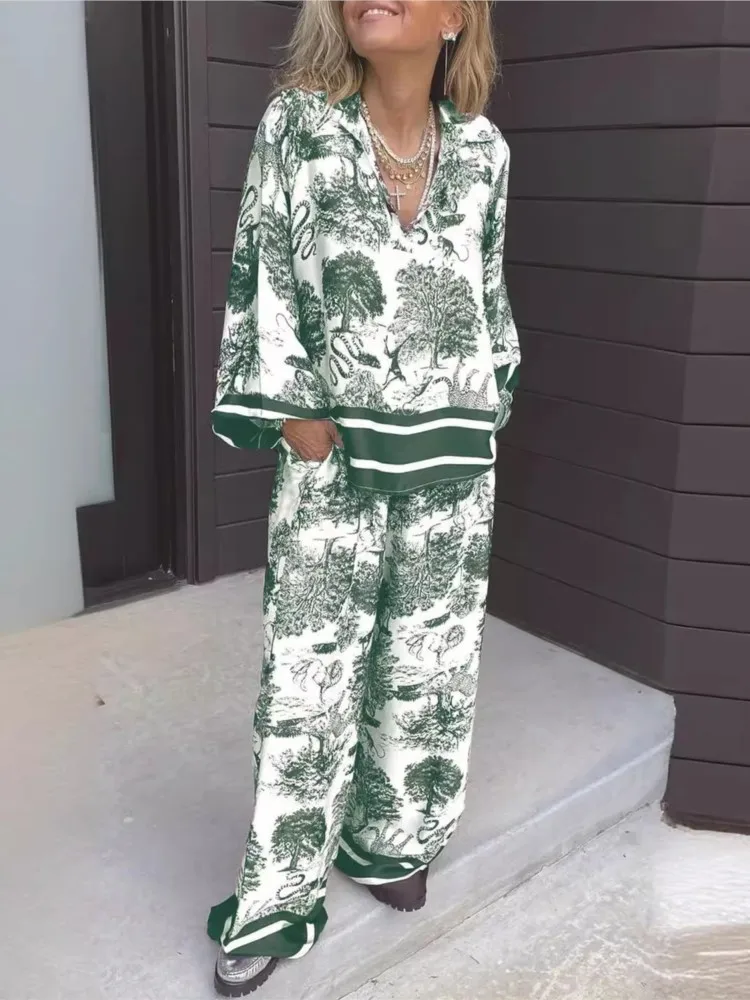 

Fashion Boho Print Loose Set Lady Casual Long Sleeve Deep V-Neck Pullover Tops+wide Leg Pants 2 Piece Sets For Women Summer New