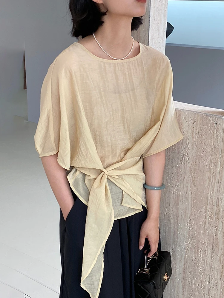 [LANMREM] Bandage Gathered Waist Short Sleeve Shirts Women Round Neck Irregular Design Blouses Sunscreen 2024 Summer New 26D9704