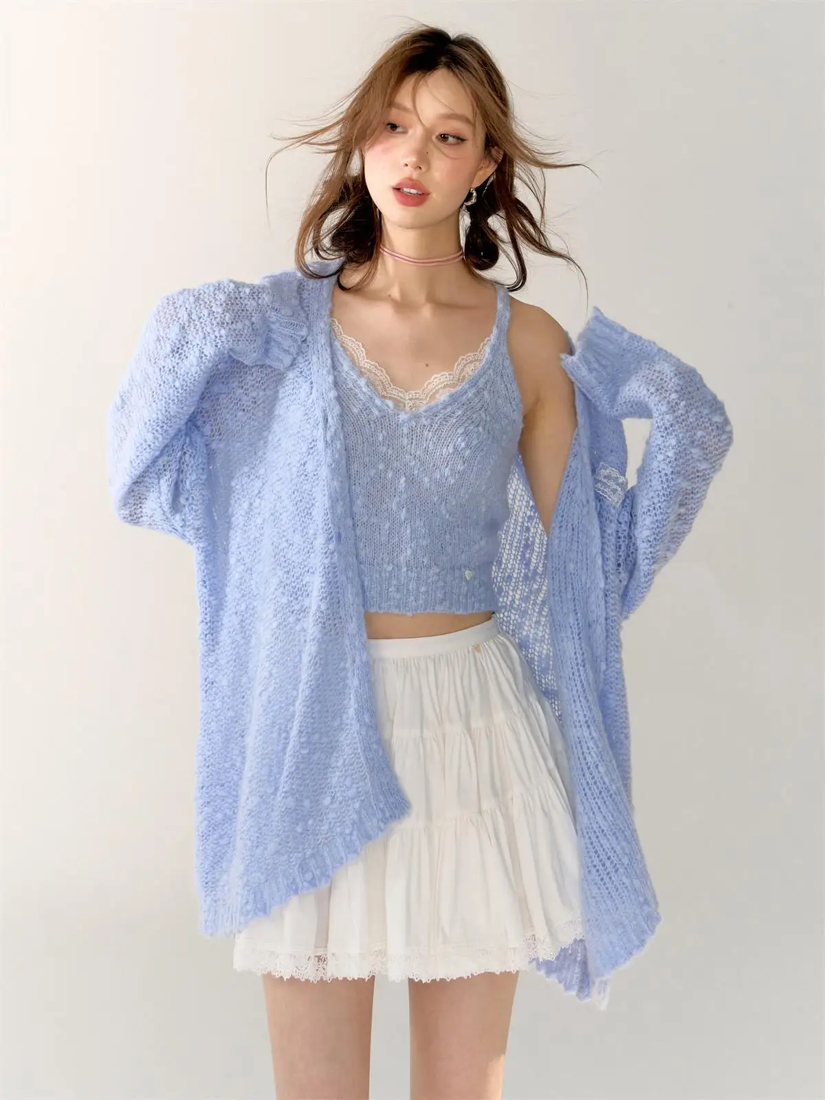 

AsGony Lace Splicing Hollow Knitted Open Cardigan Sweater Lazy Sle Texture Two-Piece Set Top Sweet Sle Loose Fit Long Sle...