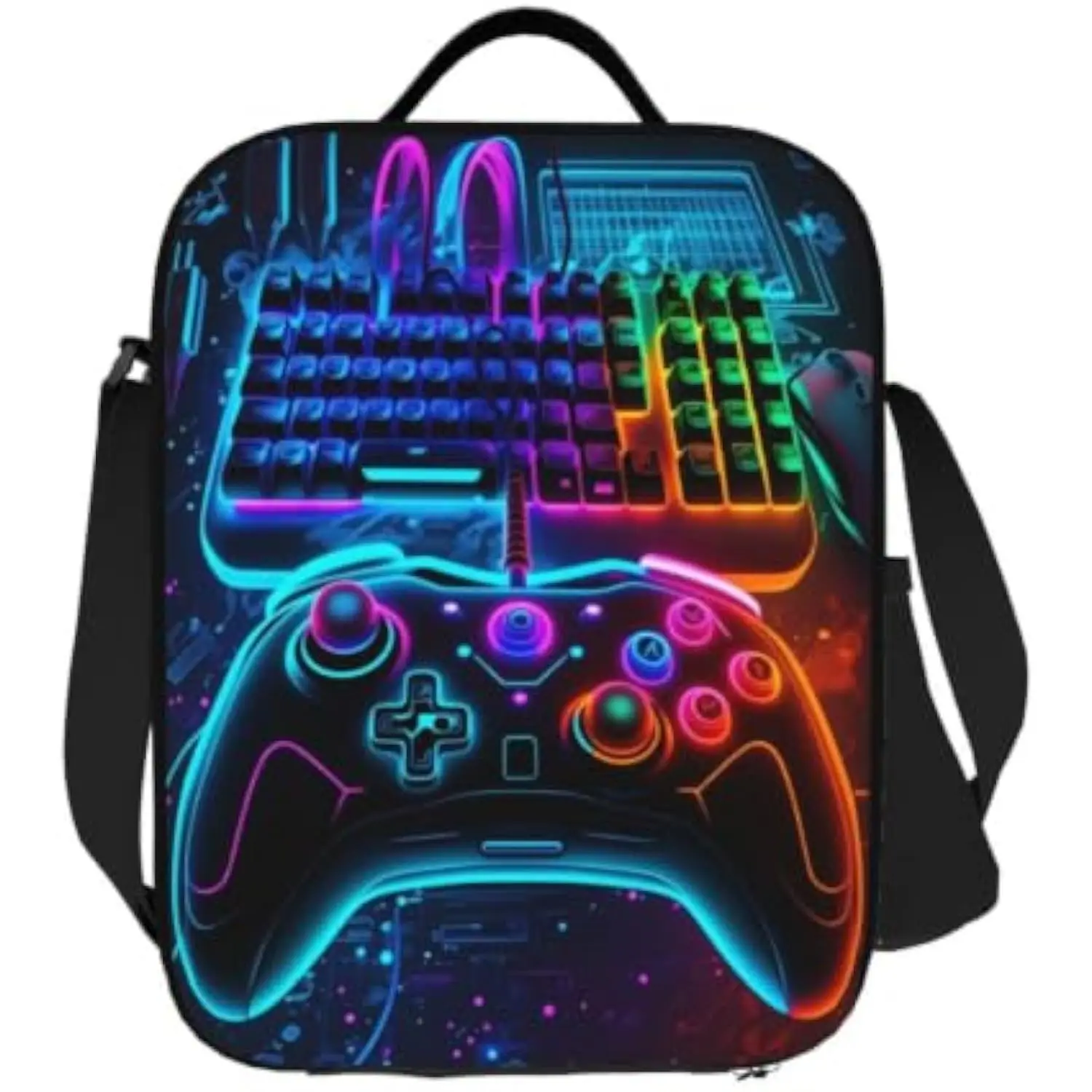Neon Gaming Keyboard Controller Insulated Lunch Bag Adjustable Strap for Office Picnic Travel