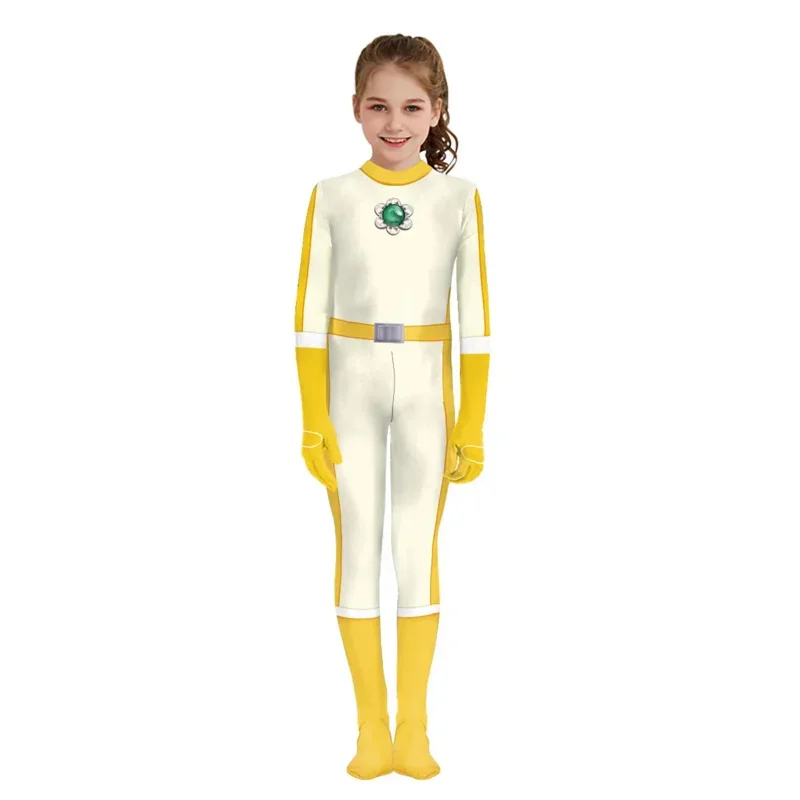 Crianças princesa pêssego cosplay macacão rosalina bodysuit traje margarida catsuit festa de halloween meninas zentai terno mn11