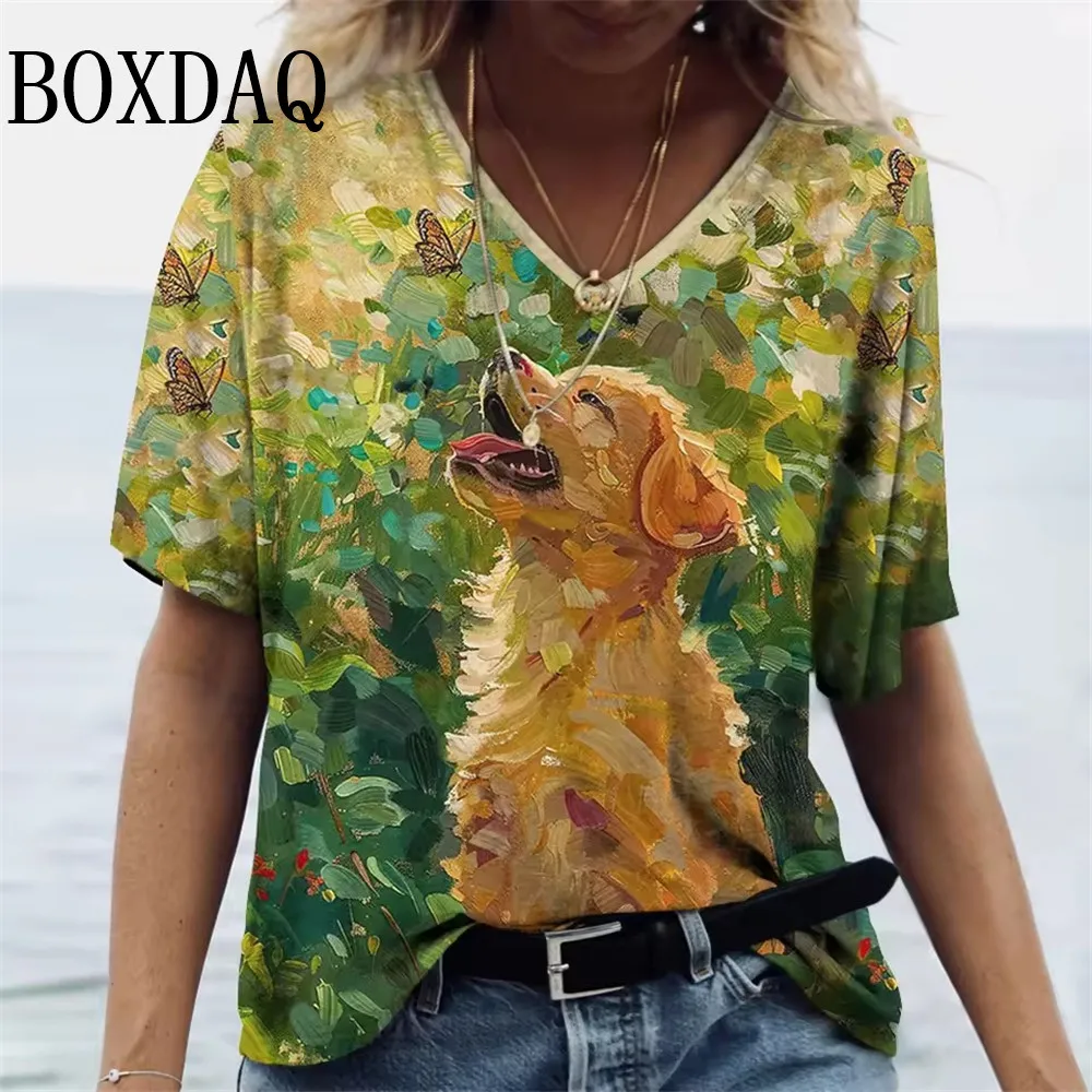 タイダイ染め油絵柄レディースTシャツ、プラスサイズ、夏、半袖、ルーズトップス、大きいサイズ、カジュアルファッション、Vネックプルオーバートップス、8XL