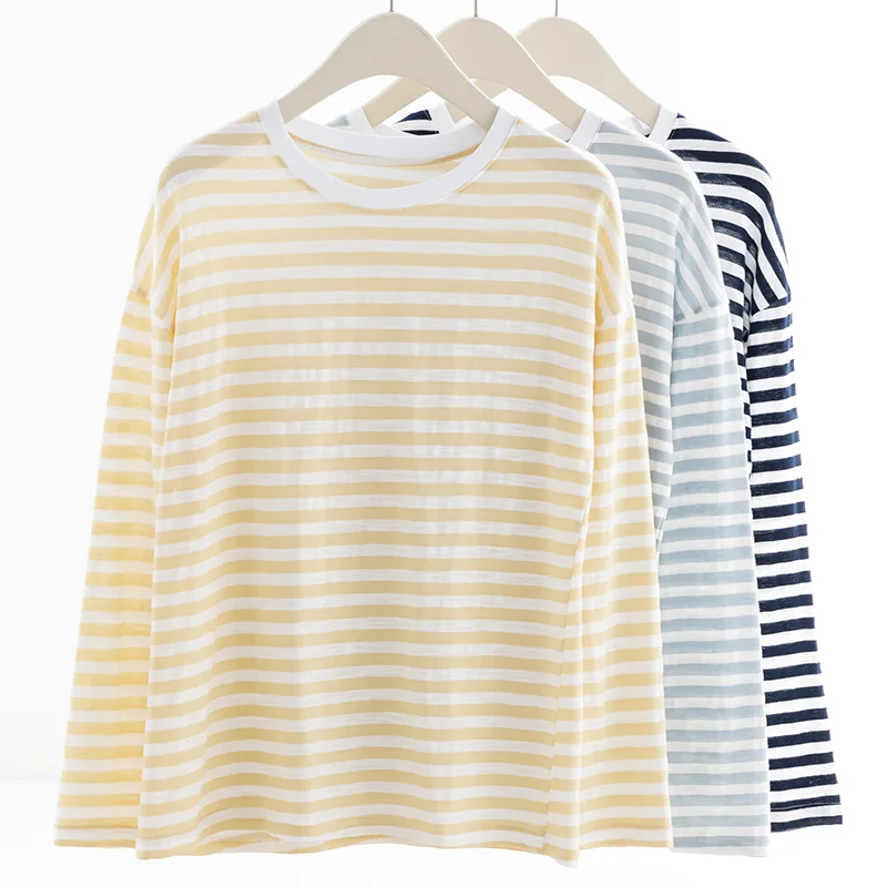 

LEMOZIC Spring Striped Long sleeved T-shirt Korean slim fit knit loose and thin casual round neck top with a base shirt