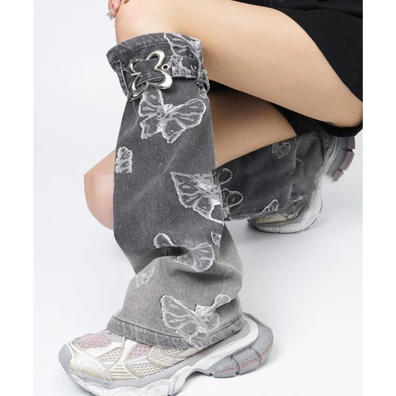 

Gradients Denims Leg Warmers for Women Punk Buckled Strap Harajuku Butterfly Jacquard Jeans Boot Cover Socks Streetwear 15UB