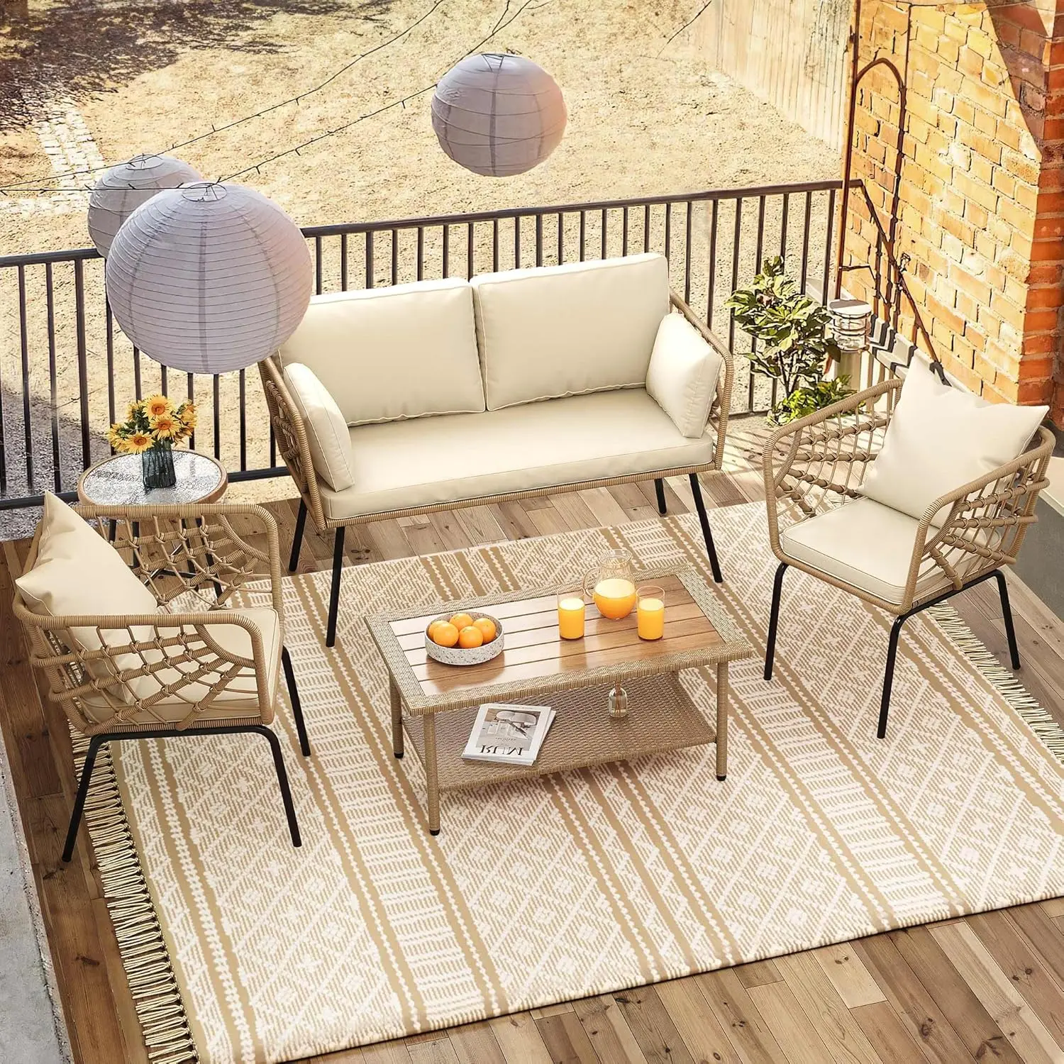 Móveis de vime Conjunto com almofadas grossas e Tabela Rattan, All-Weather Loveseat, Conversa ao ar livre Set, 2 pcs