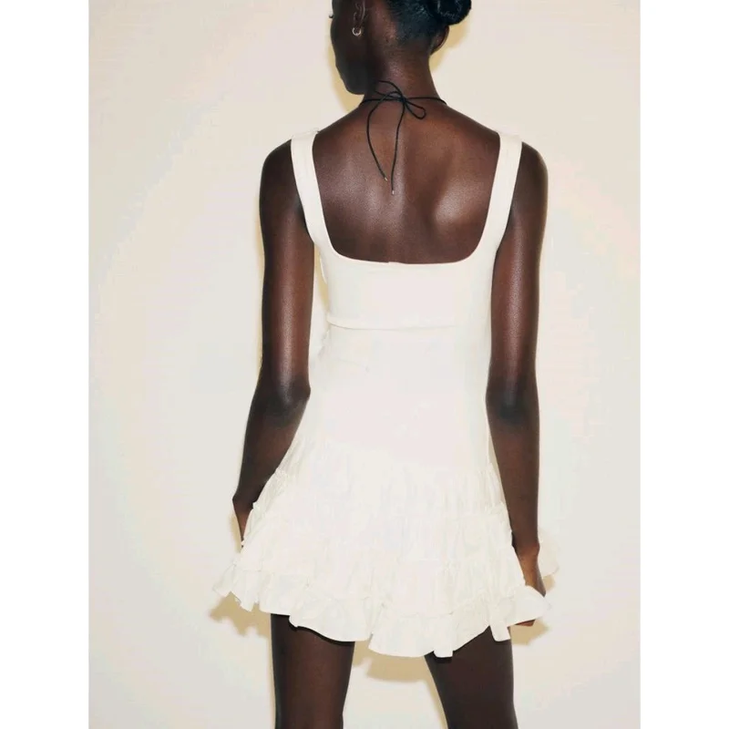 Vestido Casual F de Verão com Estilo mata, Detalhes em Babados, Barra em Camadas, Decote Quad, Sem Alças, C...