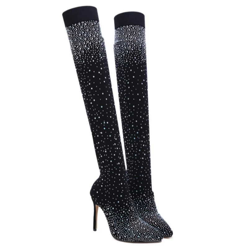 Woman Rhinestone Shoes Pointed Toe Sexy High Heels Plus Size 43. Thigh High Sock Knee Boots Luxury 2024 summer new De Mujer