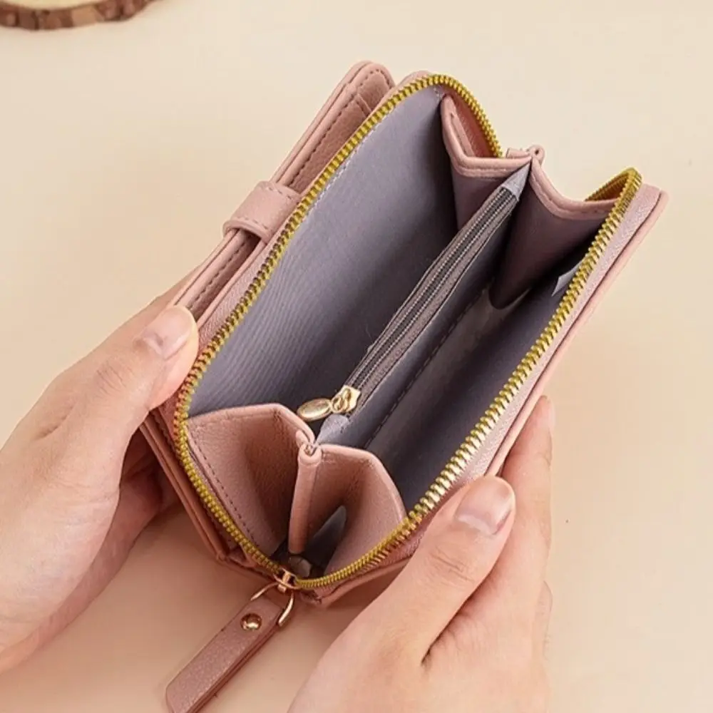 محفظة نسائية محمولة ذات سعة كبيرة وسحاب من جلد البولي يوريثان، محفظة قصيرة بلون سادة للعملات المعدنية للنساء