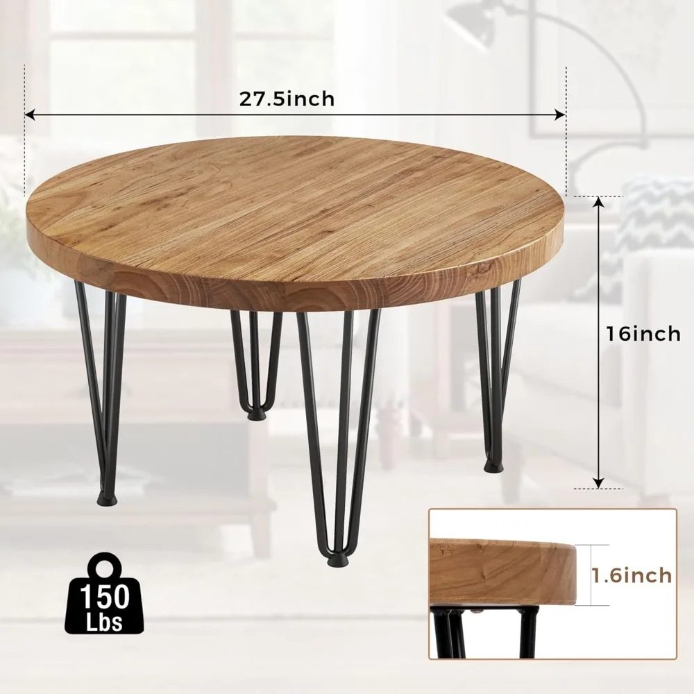 Farmhouse Style Round Elm Wood Coffee Table with Metal Legs and Anti-Slip Pads for Living Room