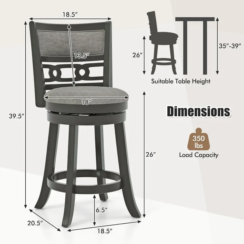 Juego de 4 taburetes de bar de 26 pulgadas, silla de bar tapizada con altura de mostrador y estructura de madera, asiento giratorio y reposapiés, isla de cocina vintage