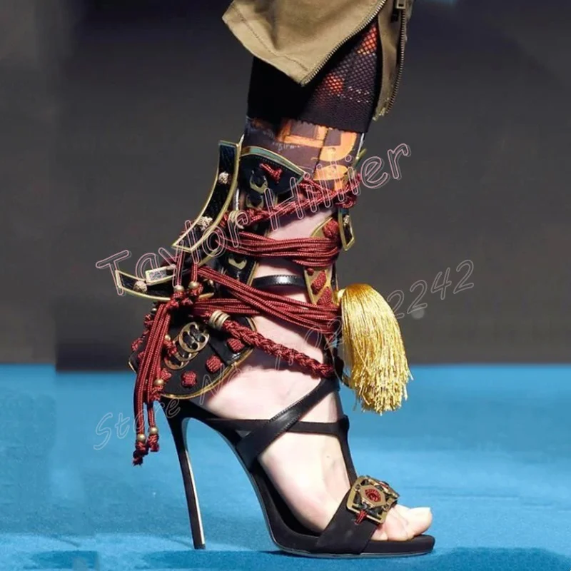 

Женские черные босоножки на высоком каблуке с кисточками и открытым носком на шпильке с круглым носком, модные роскошные уличные современные сандалии для вечеринок 43