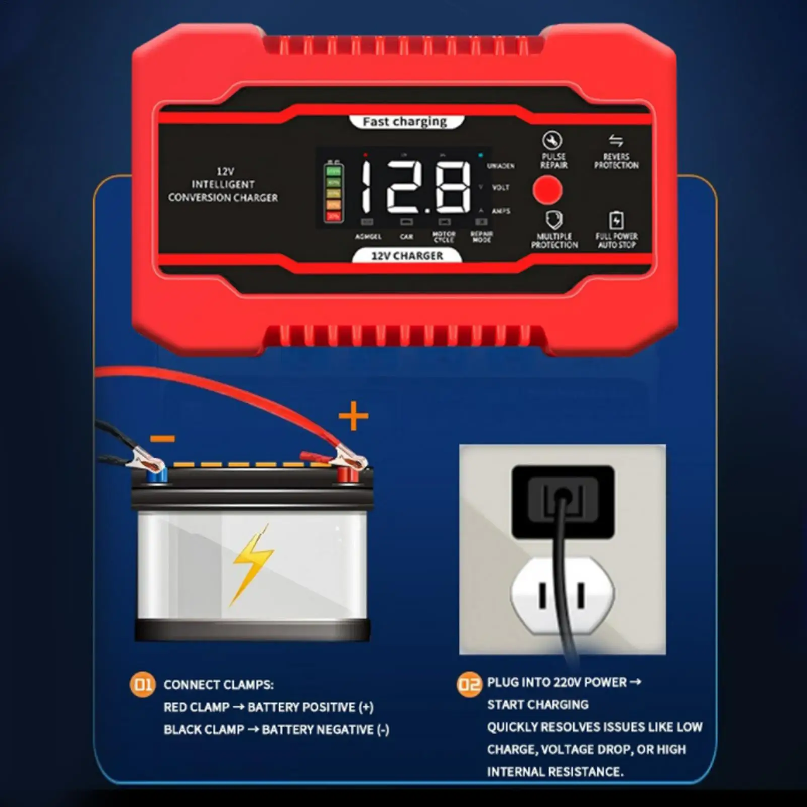 

12 Volt Battery Charger 12V6A Motorcycle Battery Fast Charger Vehicle Charging Maintenance Equipment For Cars Motorcycles Trucks