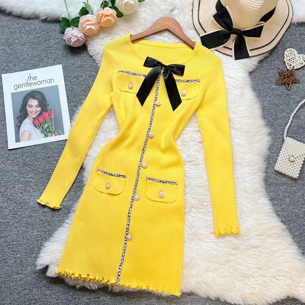 YuooMuoo شيك موضة مثير التفاف الوركين محبوك الخريف فستان المرأة الفاخرة القوس س الرقبة التخسيس فستان قصير الكورية سيدة حفلة Vestidos #2