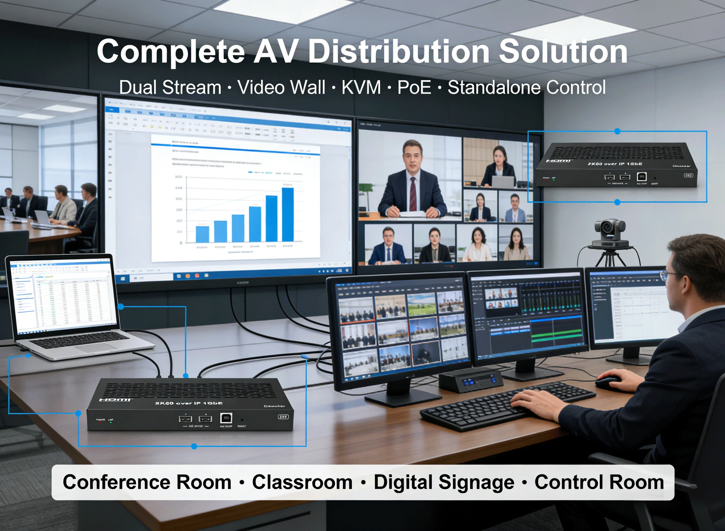H265 H264 2K60 AV Over IP Encoder Decoder With Main Sub Stream KVM Over IP Video Wall up to 9x9 and H265 Compression Over 1GbE