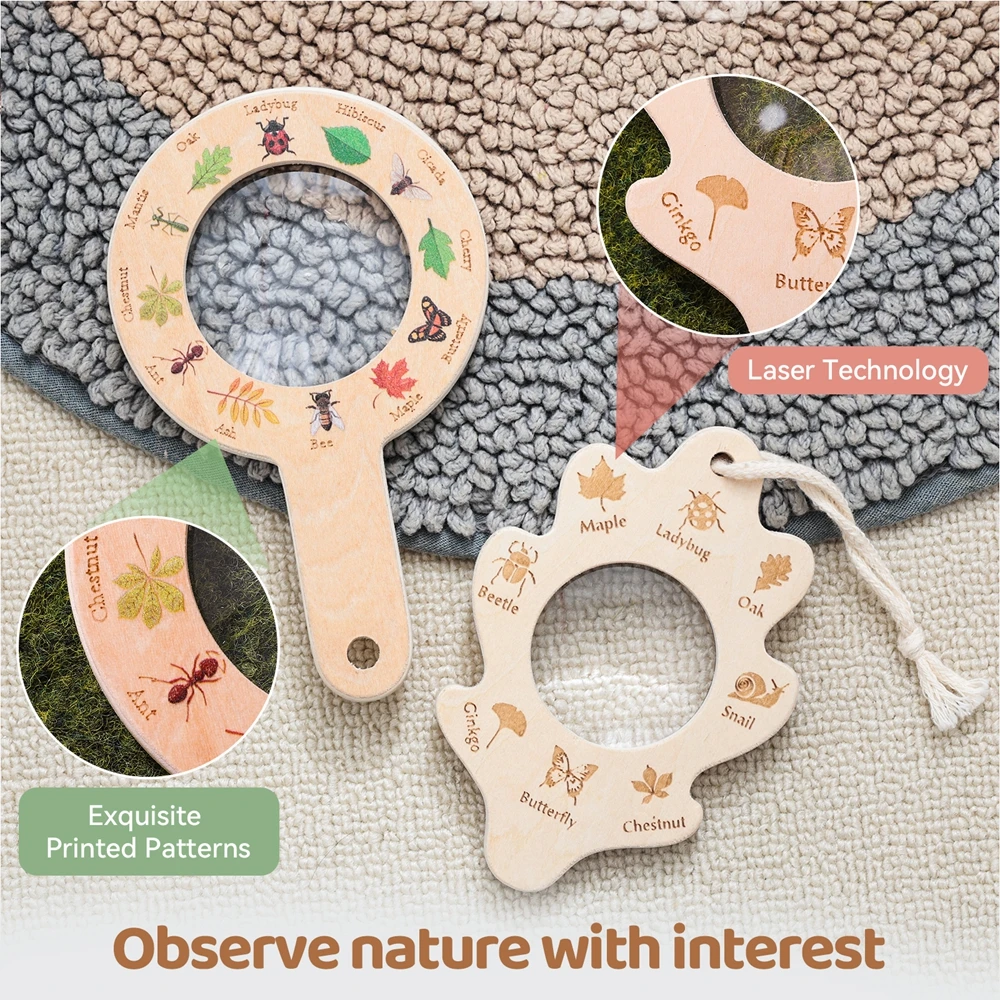 Mainan Eksplorasi Luar Ruangan Anak-anak Mainan Pengamatan Montessori Kayu Kaca Pembesar Pengenalan Daun Serangga Alami Hadiah Bayi