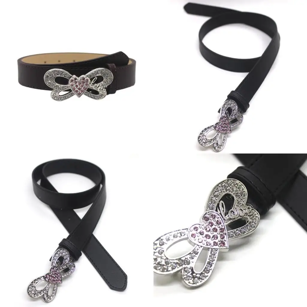 

652F Adult Universal PU Belt for Dress Waist Belt Heart&Butterfly Buckle Thin Waist Belt Female Delicate Belt