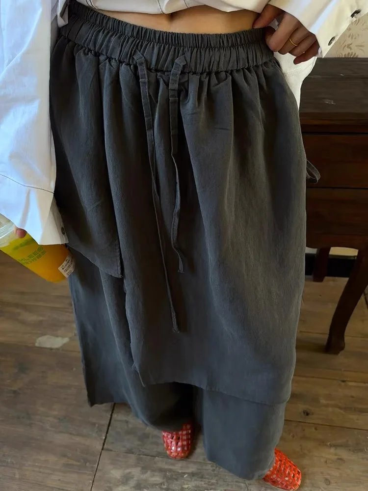 عميق ey غير متناظرة بنطال ذو قصة أرجل واسعة المرأة فضفاضة مرونة الخصر Dstring بنطلون الربيع تخفيف Sle النسخة الكورية