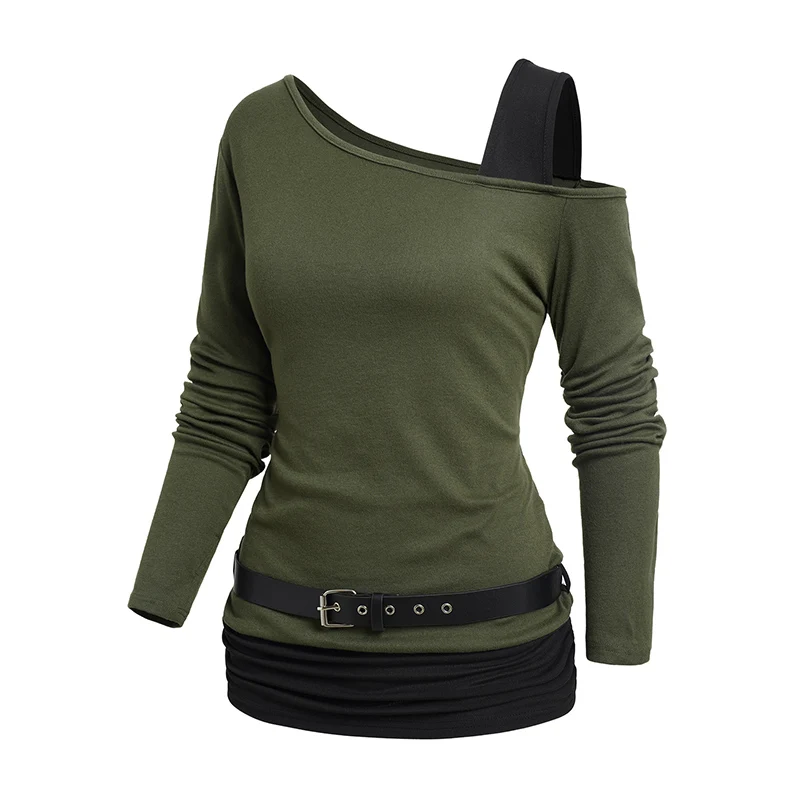 2024 New Women\'s One Shoulder Tops Contrast Color Skew Neck Belt Cinched Long Sleeve Casual Top