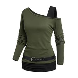 2024 New Women's One Shoulder Tops Contrast Color Skew Neck Belt Cinched Long Sleeve Casual Top