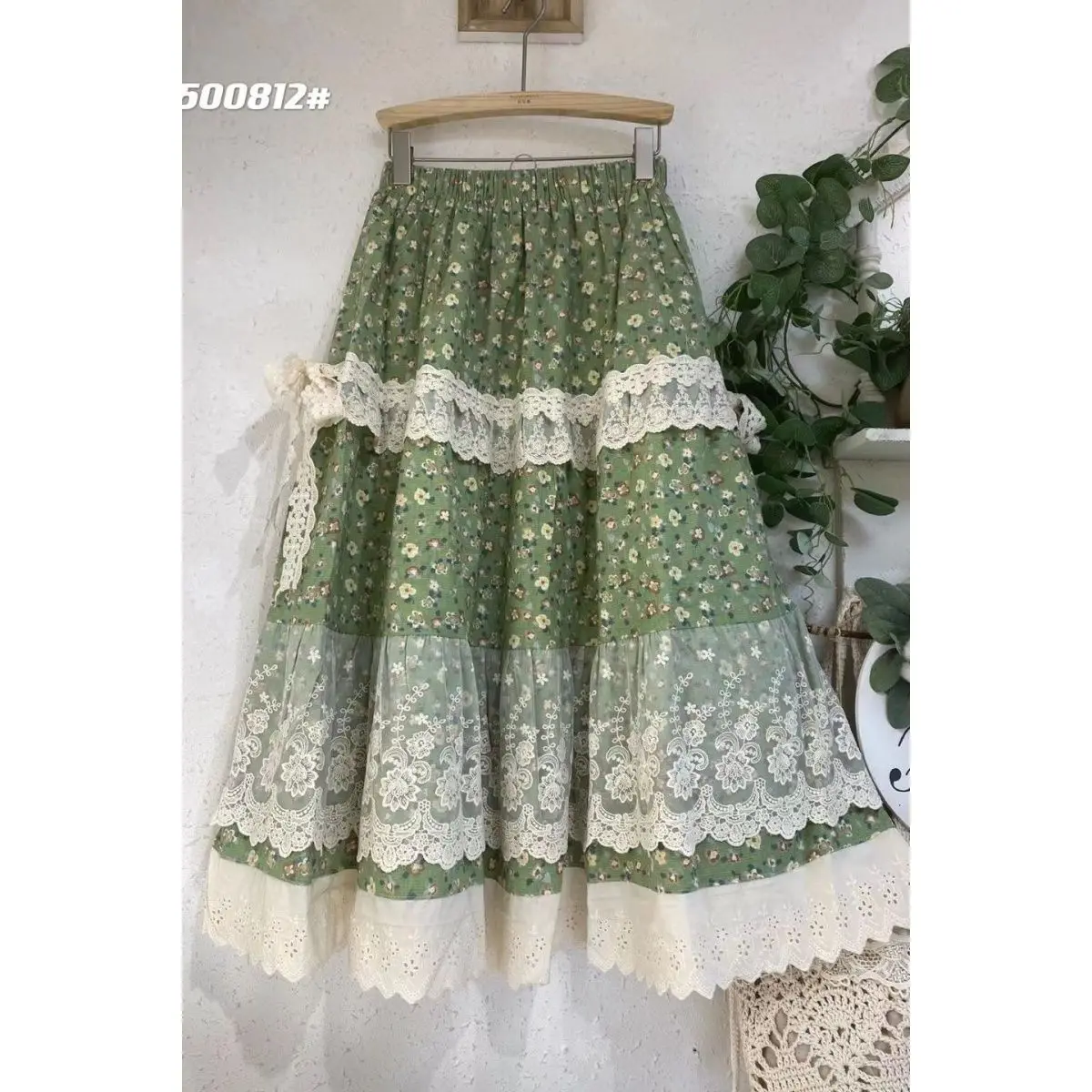 Japanese Sweet Lace Ruffled Mori Girl Pleated Skirt  Vintage Cotton Linen Floral Long Skirts Female Elastic Waist Beach Faldas