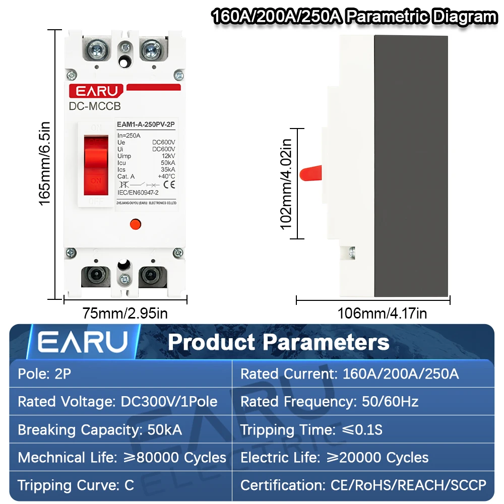 EARU 2P 250A DC MCCB Solar-PV-Photovoltaik-Batterie-Schutzschalter, Leistungsschalter, Überlast- und Kurzschlussschutz – Detail 3