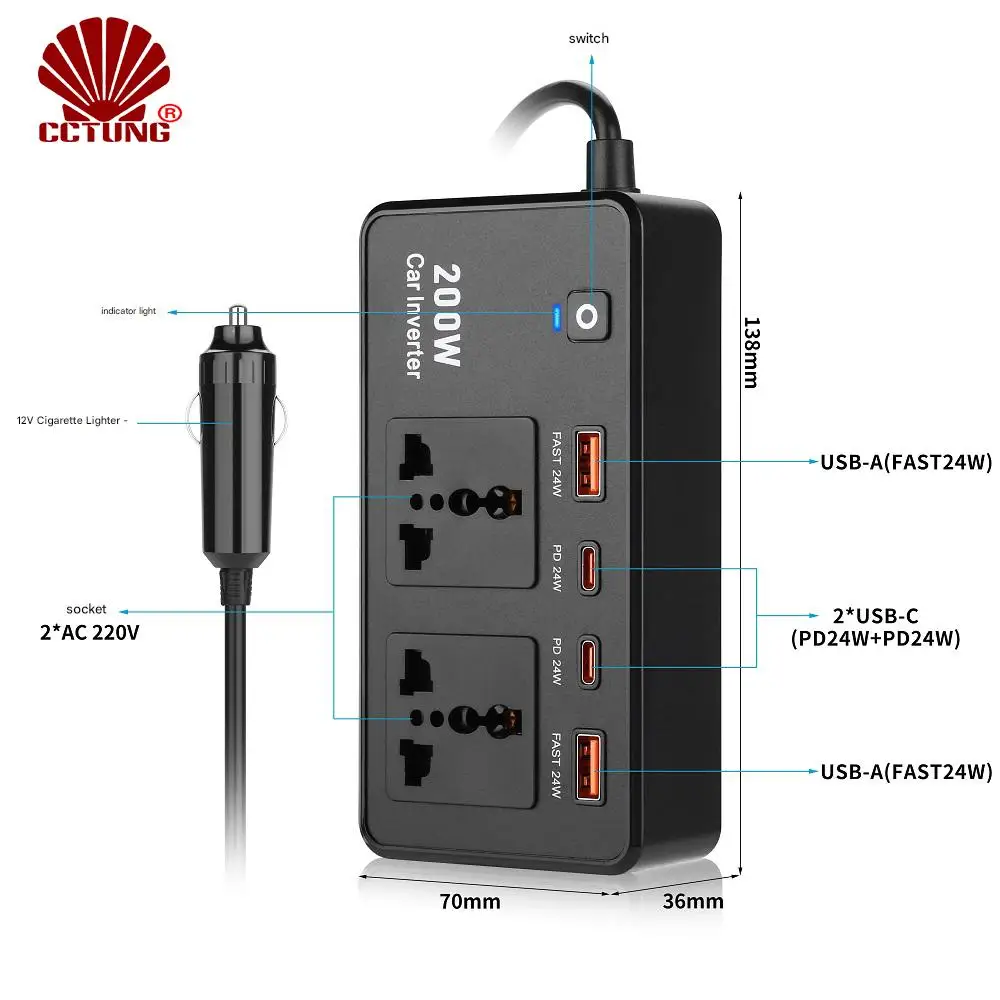 

Автомобильное зарядное устройство PD-200W USB Type-C с 2 USB C + 2 быстрыми PD24W, совместимым с ноутбуком Dell, сертификатом FCC CE
