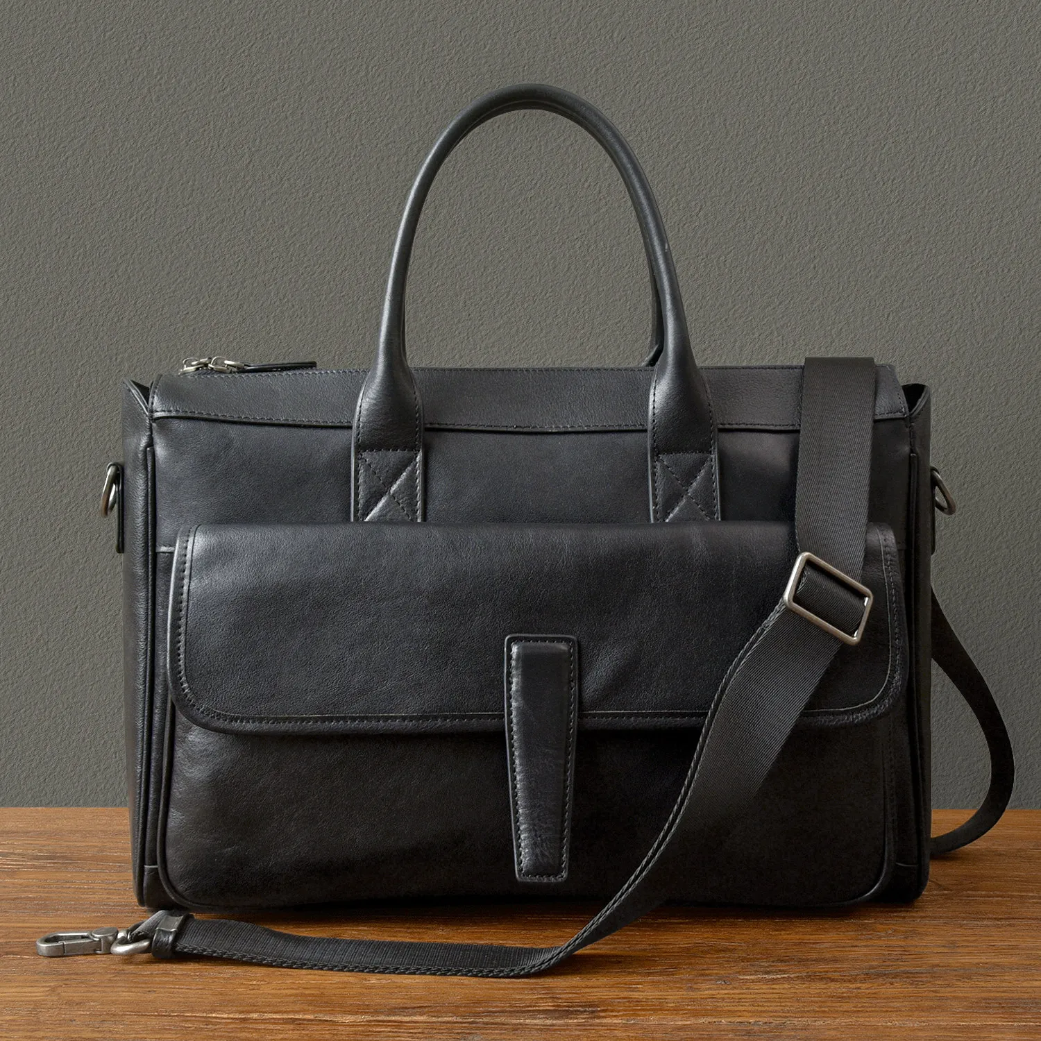 casual handmade vegetable tanned cowhide men's briefcase work black handbag luxury soft genuine leather computer postman bag