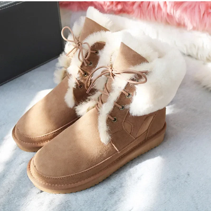 Australia Boots Women 2023 Genuine Sheepskin Leather Snow Boots Wool Boots Sheep Fur Flat Anti-skid Warm Winter Shoes 42