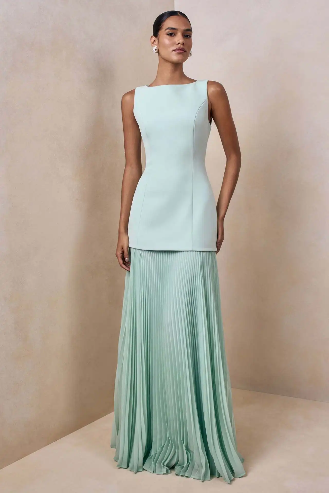 Elegant Mesh Spliced Hollow Out Dress Summer Solid Color Slim Wrap Hip Dress Temperament O-neck Sleeveless Pleated Evening Dress