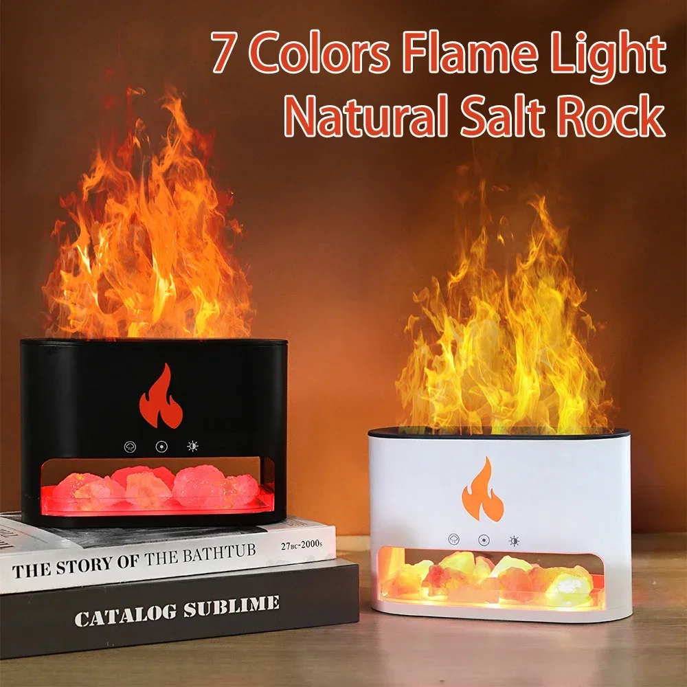 New Fireplace Humidifier Crystal Salt Rock Fire 7 Color Flame Lamp Aroma Volcano Air Humidifier Essential Oil Diffuser for Home