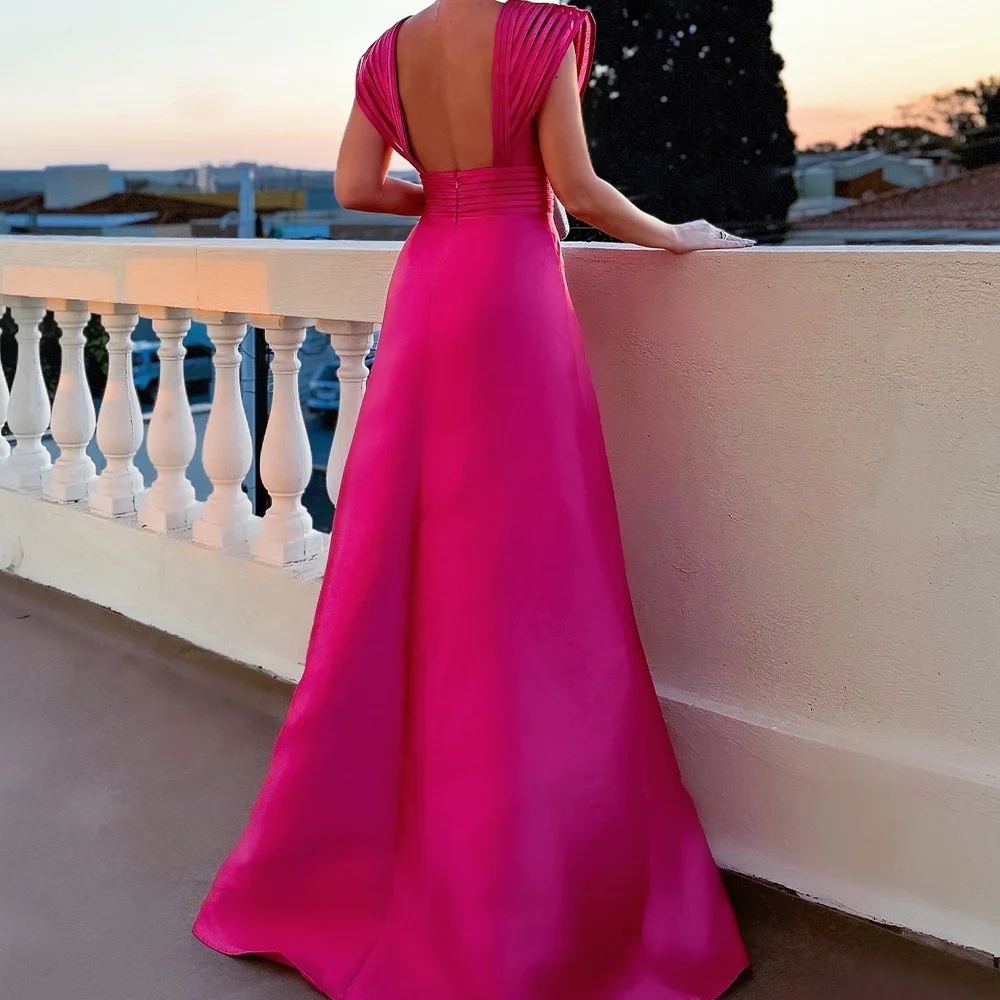 Customized Classic Front Slit V-Neck Backless Open Back Prom Gowns Graceful A-Line Satin Pleats Evening Dresses فساتين سهرة