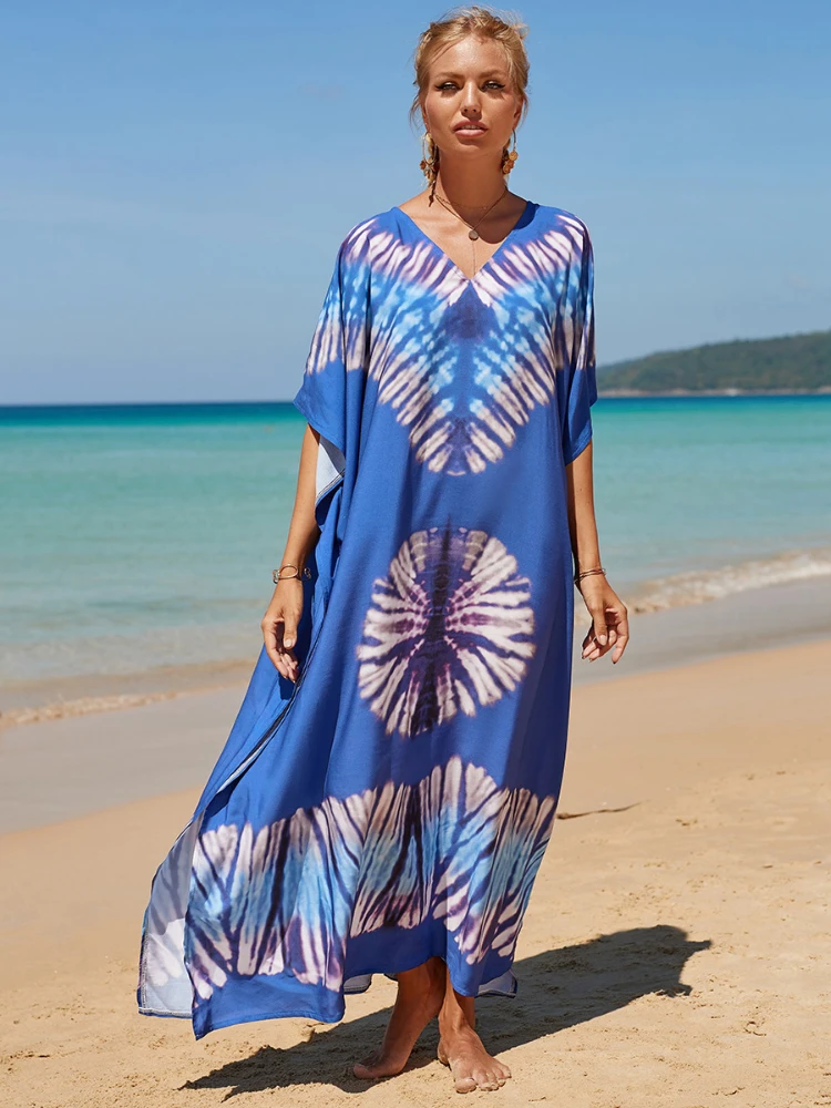 Abiti caftano copricostume da spiaggia donna Bohemian Maxi Robe stampato Tie Dye Rayon Summer Holiday costumi da bagno Dropshipping vendita calda