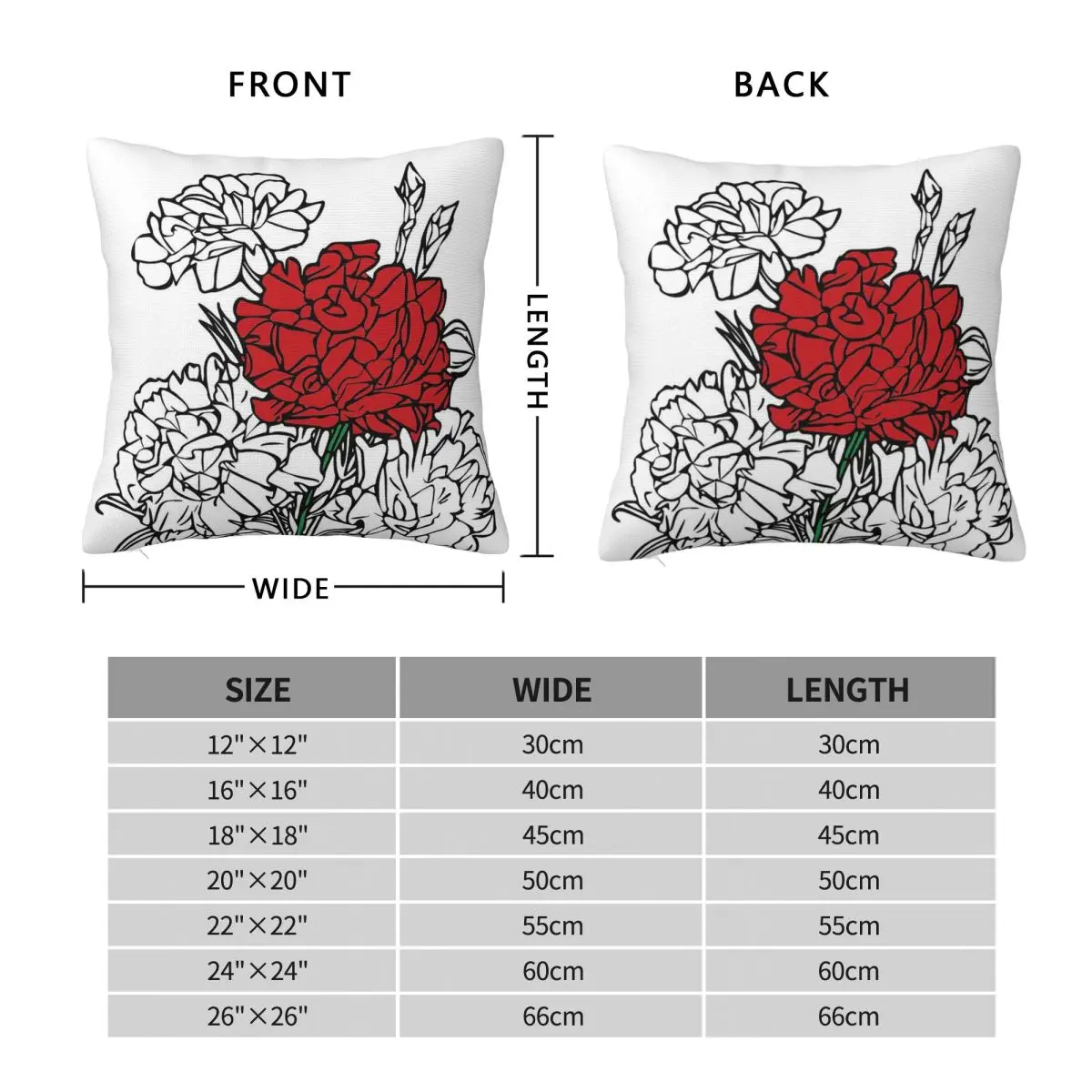 Red Carnation Square Pillowcase Polyester Linen Velvet Printed Zip Decorative Home Cushion Cover 45x45