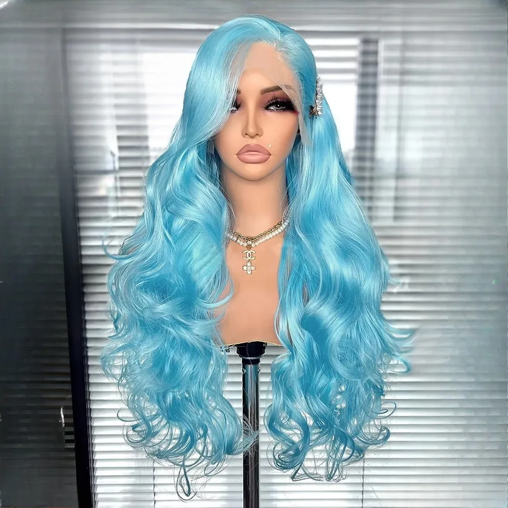 Light Blue HD 13x4 Synthetic Lace Front Wigs Long Wavy Glueless Heat-resistant For Women Party Cosplay Natural Looking Lace Wigs