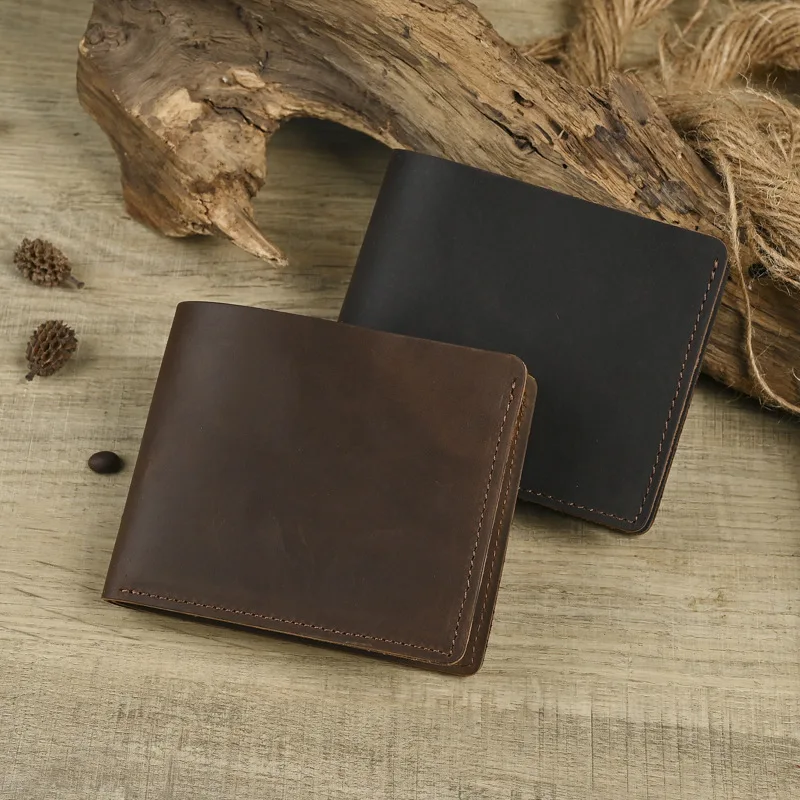 Men's Crazy Horse Leather Wallet Genuine Leather Card Holder Purse Minimalist 2-Fold Horizontal