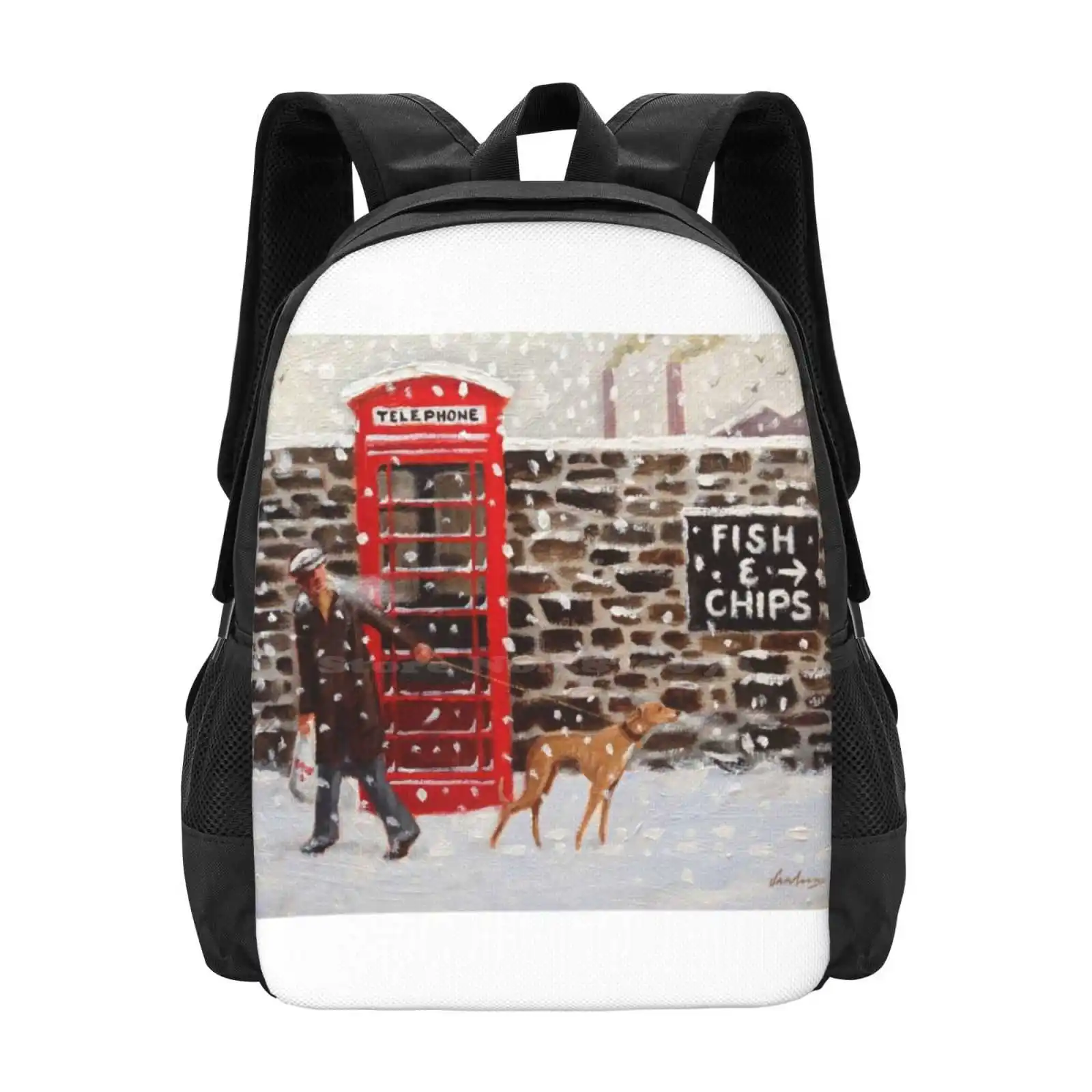 You Had A Jumbo Sausage Last Night... Pattern Design Bagpack School Bags Greyhound Snow Winter Fish And Chips