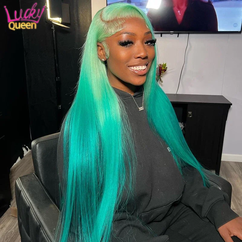 Ombre Cyan Green Straight Human Hair Wig Light Green Lace Front Wig For Women Pre Plucked 13X4 13X6 Frontal Wig 613 Colored