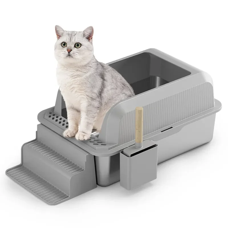 Large cat semi-enclosed stainless steel cat litter box anti-corrosion open pedal pet cat deodorant and antibacterial stairs