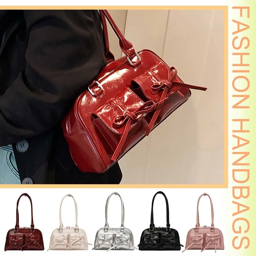 

Женские модные сумки с двумя карманами из искусственной кожи, стильная сумка на плечо с бантом, повседневная сумка для поездок на работу, однотонная, для вечеринок на открытом воздухе