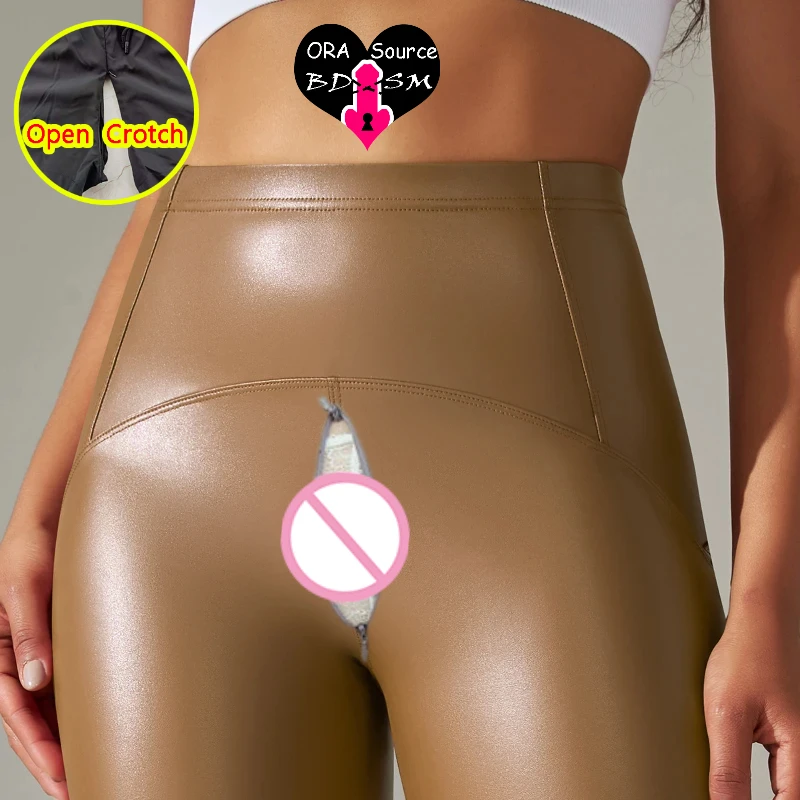 Vrouw Open Kruis Sexy Legging PU Hoogbouw Flash Verborgen Ritsen Lederen Clubwear Slipje Crotchless Broek Outdoor Broek