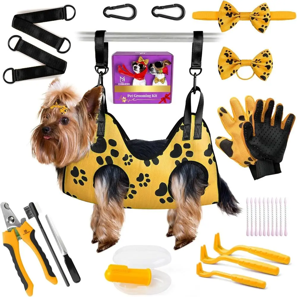 

Pet Grooming Hammock and Nail Trimming Kit for Dogs and Cats - Gold with Black Paws Design