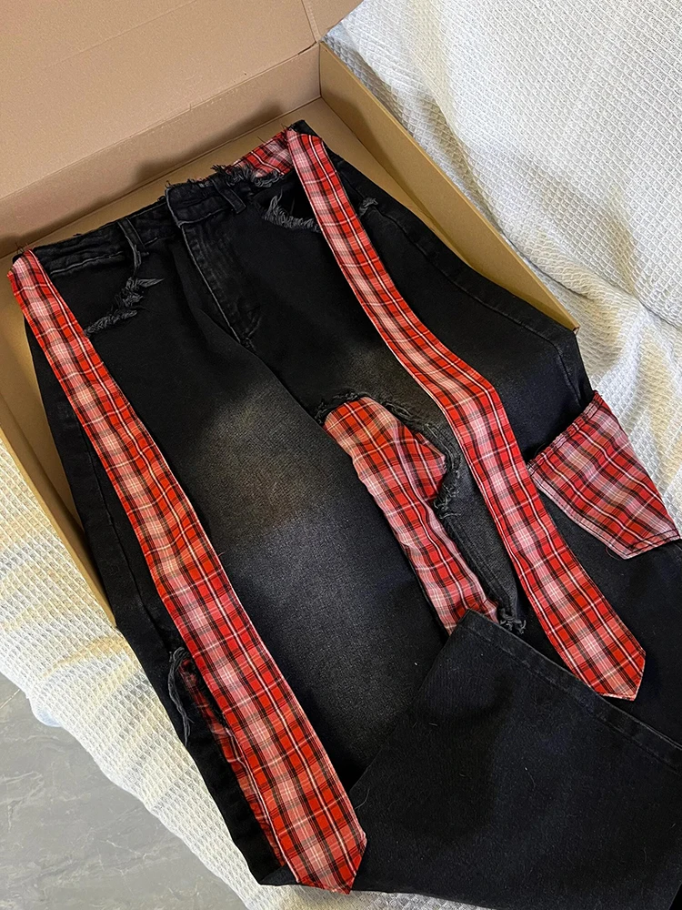 Jean taille haute à carreaux pour femmes, teinture par nouage, jambes larges, pantalon américain, petite taille, longueur au sol, printemps automne