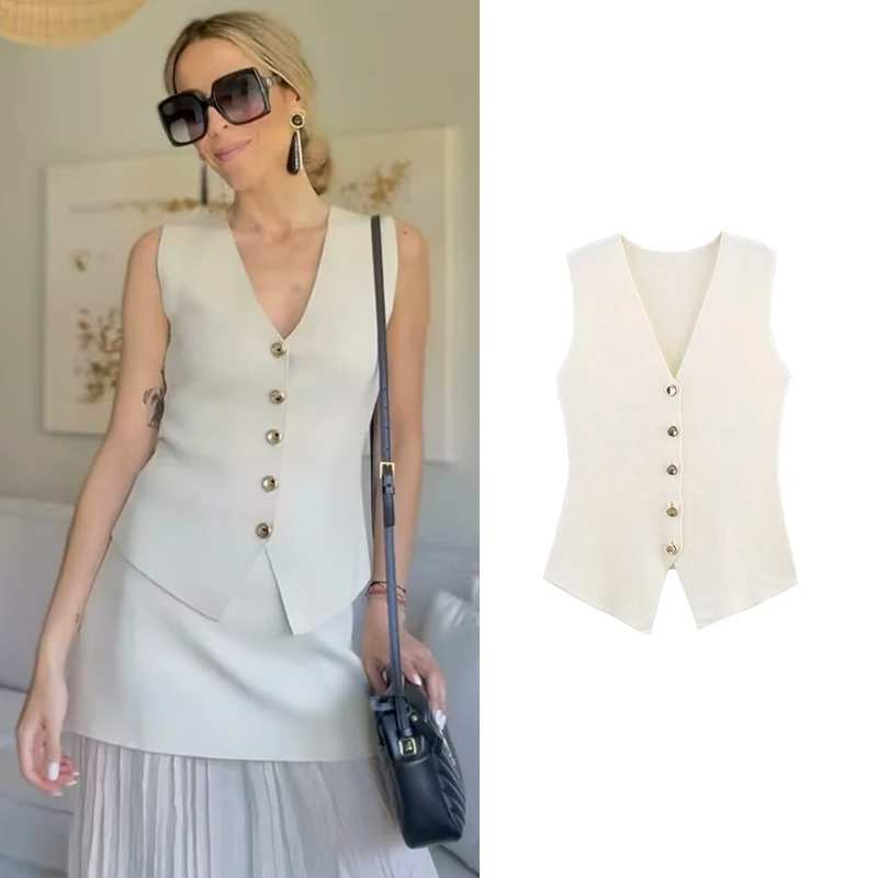 

Knitted Tank Tops Summer Women's 2025 New Elastic Slim V-neck Elegant Summer Women's Tops Chic Street Holiday Top